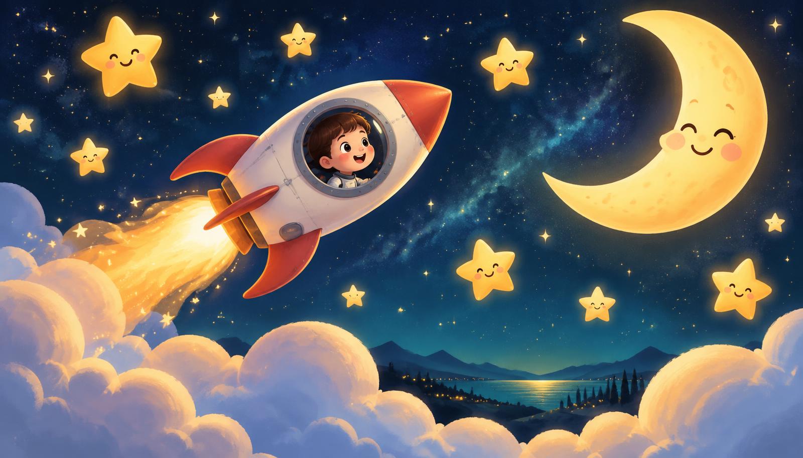 A smiling moon and stars watch a rocket fly through the night sky